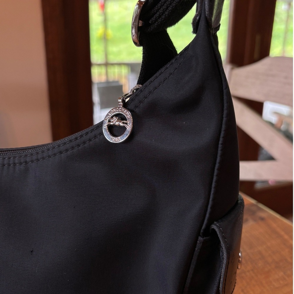 Longchamp Black Large Nylon Hobo Bag Purse Zipper Closure Made In France - Picture 3 of 11